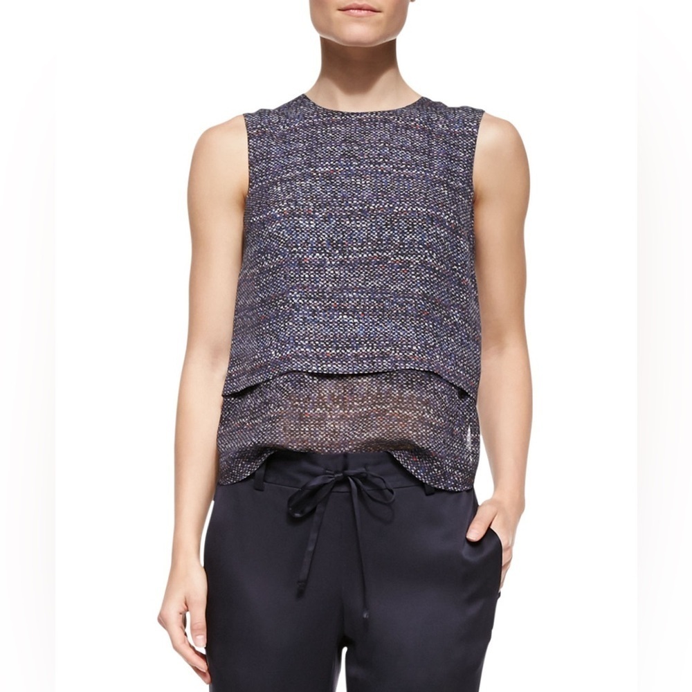 Theory Multi Tweed-Print Hodal C Silk Georgette Sleeveless Top EUC Size Small